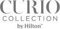 The image displays the logo of "Curio Collection by Hilton," featuring the brand name in a stylized font.