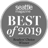 A grey circular badge reads "Seattle Magazine Best of 2019 Readers' Choice Winner."