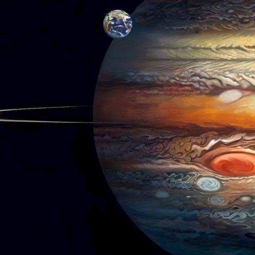 The image shows a stylized view of Jupiter with its Great Red Spot and swirling clouds, alongside a small Earth in the background.