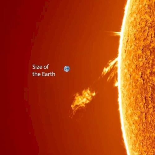This image shows the Sun with solar prominences and a small Earth icon to scale, illustrating Earth's size relative to the Sun.