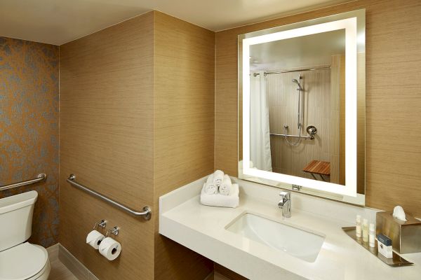 A modern bathroom with a countertop sink, lighted mirror, toilet, and shower equipped with grab bars and a fold-down seat.
