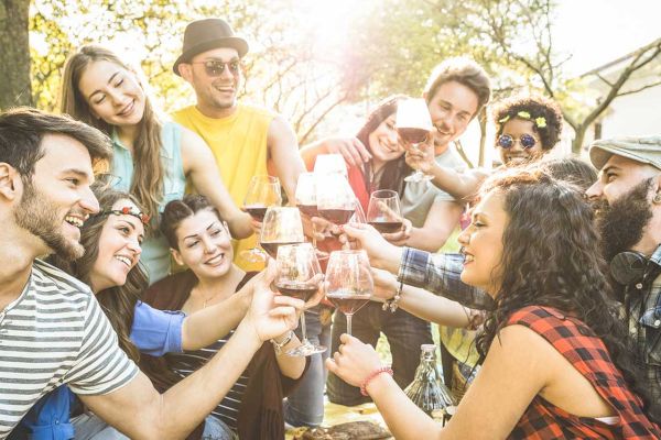 A group of friends is outdoors, smiling and toasting with glasses, enjoying a sunny day together.