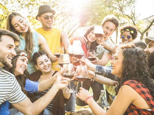 A group of friends is outdoors, smiling and toasting with glasses, enjoying a sunny day together.