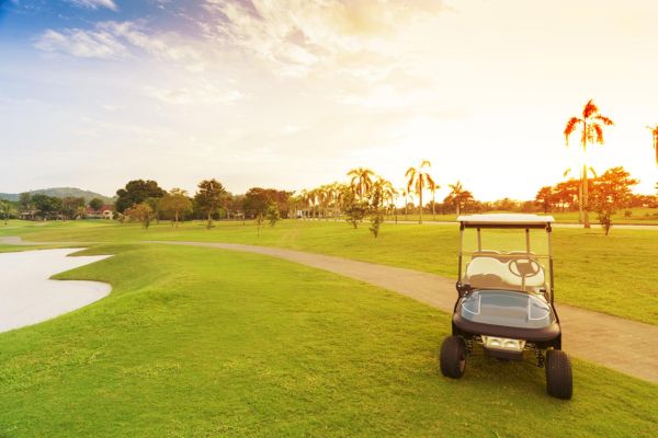 A golf course at sunset with a golf cart on a path, surrounded by green grass and palm trees.