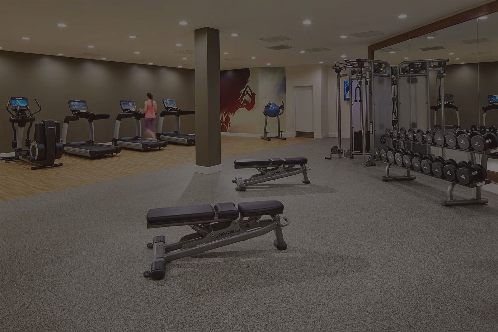 The image shows a gym with treadmills, benches, a weight rack, and a person in workout attire. The room has a modern and clean design.
