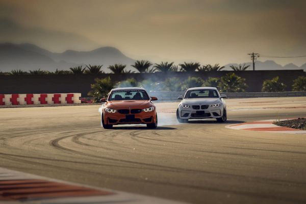 Two cars race on a track, with mountains and trees in the background under a hazy sky.