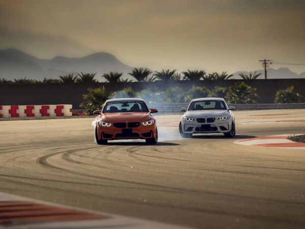 Two cars race on a track, with mountains and trees in the background under a hazy sky.