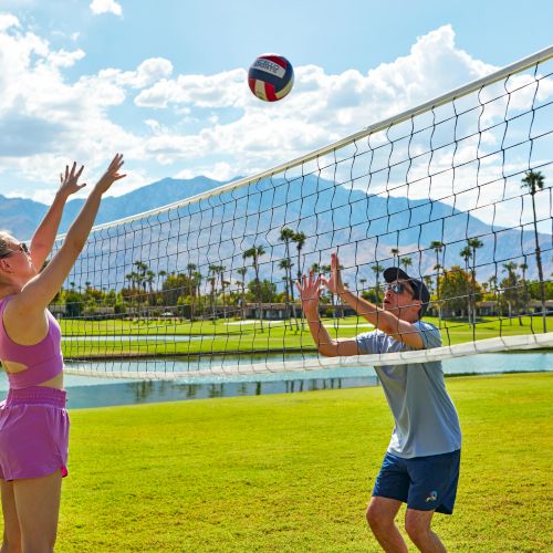 Two people playing volleyball outdoors, surrounded by palm trees and mountains, on a sunny day.