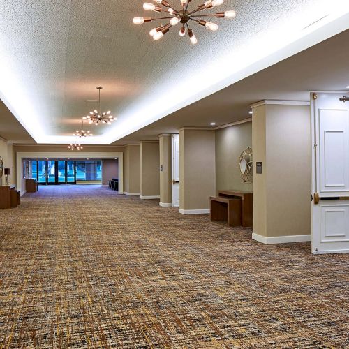 A spacious, well-lit hallway with modern light fixtures and plush carpet, leading to open doors and a decorated room.