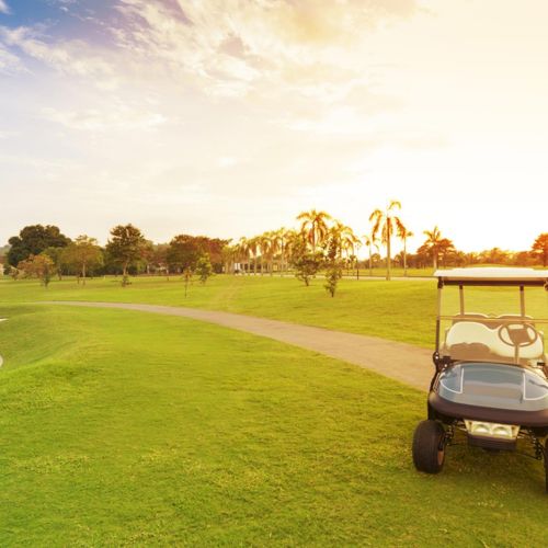 A scenic golf course with a parked golf cart, lush green grass, palm trees, and a sunset sky in the background.