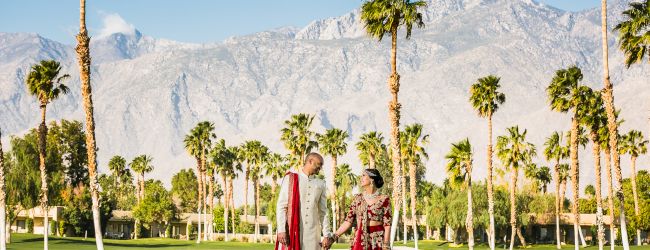 A couple in traditional attire stands on a green lawn with palm trees and mountains in the background, under a clear blue sky.